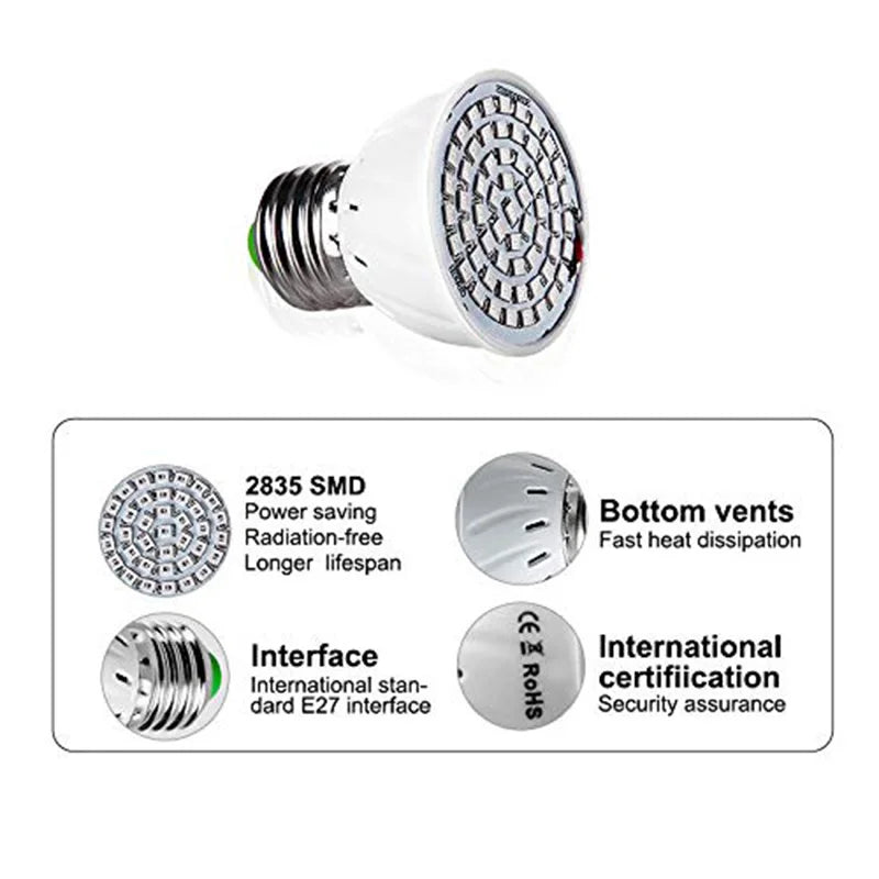 LED Grow Light Bulb E27 220V Full Spectrum 60/80LED Plant Lamp for Indoor Garden Seedling Greenhouse Hydroponics Grow Tent Zpaxo