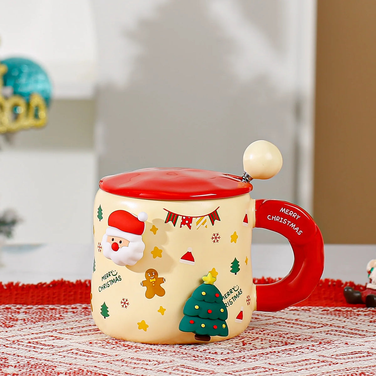 Christmas Themed Mugs Magnetic Attachment Lid Spoon Cute Ceramic Cup Zpaxo 301-400ml D-gingerbread man