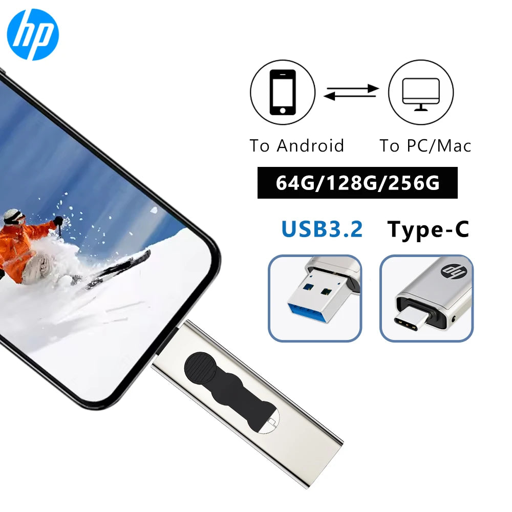 HP Metal USB 3.2 Flash Drive 2 in 1 Retractable Type-C OTG Pendrive 64GB 128GB 256GB for Computer Phone Zpaxo