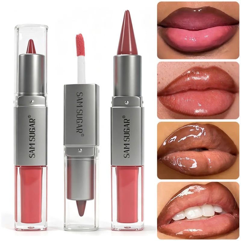2 in1 Tapered Gradient Lipliner Pen Nude Brown Mirror Glass Lip Gloss Waterproof Lip Contour Matte Lip Liner Non Stick Makeup Zpaxo