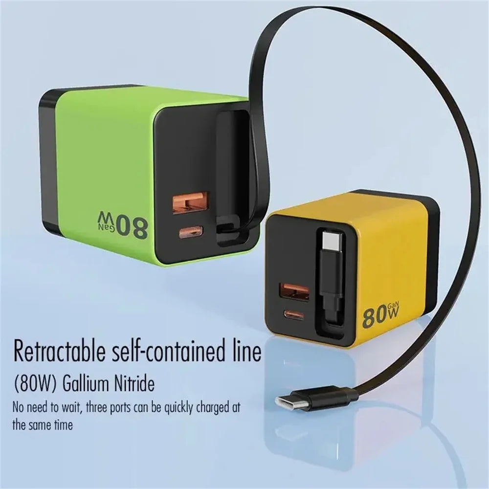 WALKESEN 80W GaN 3-in-1 Fast Charger with Retractable USB-C Cable GaN Fast Charger Zpaxo