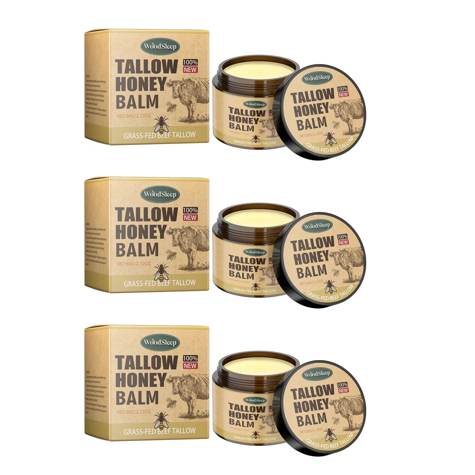Beef Tallow Honey Balm Moisturizing Hydrating Face Cream Body Lotion Fades Fine Lines Tighten Soothen Brightening Facial Skin Zpaxo 3 x 60g Boxed