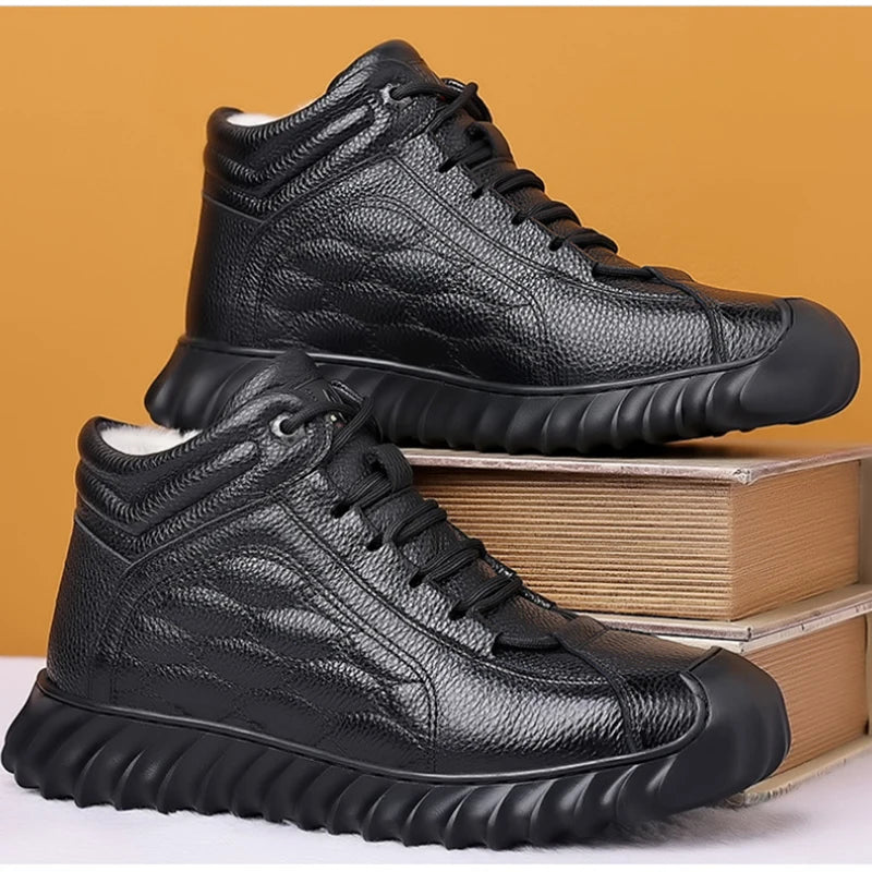 Mens Black Leather Fur Lined Sneakers Elastic Lace Warm Winter Shoes Zpaxo 5011 Black 45 China Mainland