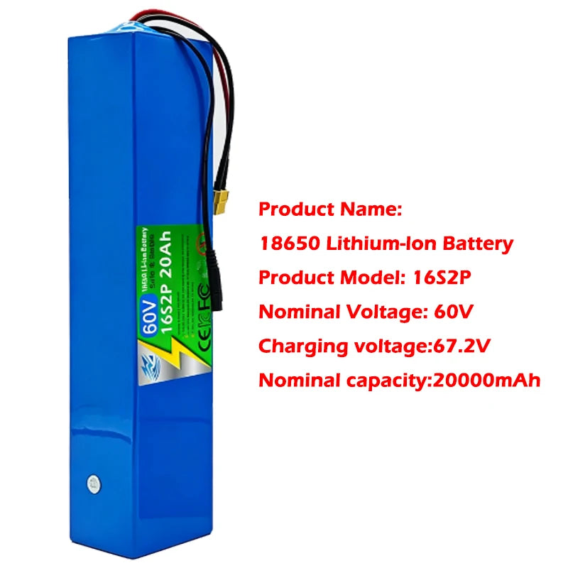 16S2P 60V 20AH 18650 Lithium Battery Pack with Large Capacity Suitable for Electric Scooters, Mountain Bikes, and BMS Batteries Zpaxo