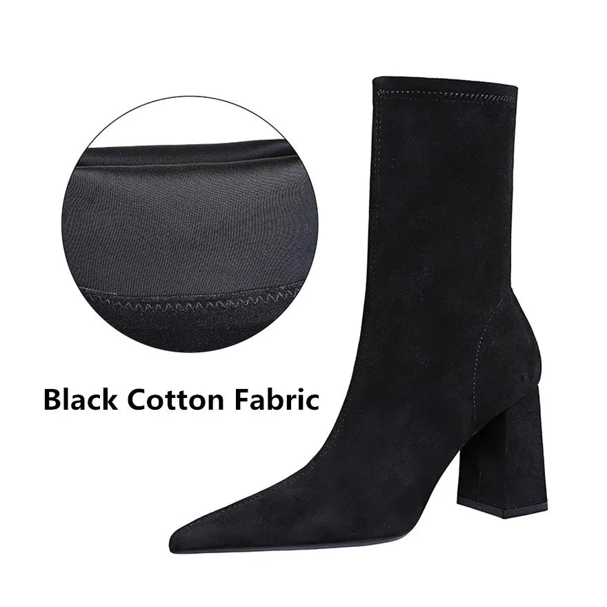 43 Thick Heel Ladies Work Boots Black Flock Sexy Slim Slip-on Ankle Zpaxo Black Cotton Fabric 38 China Mainland