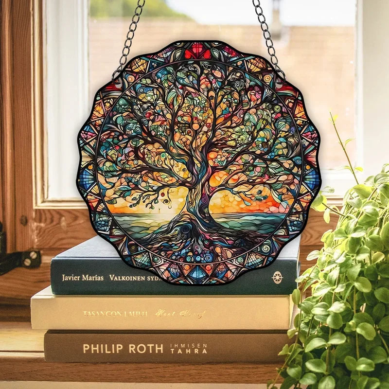 Tree Life Wall Art Decor Sun Hanging Sign Round Indoor Outdoor Window