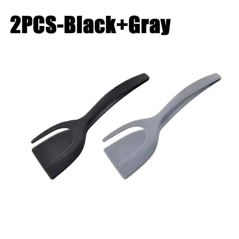 2-in-1 Egg Spatula Tongs Cooking Utensils Kitchen Accessories Pancake Cooking Machine Flip Pliers Nylon Clip Gadget Tools Zpaxo 2PCS-Black-Gray