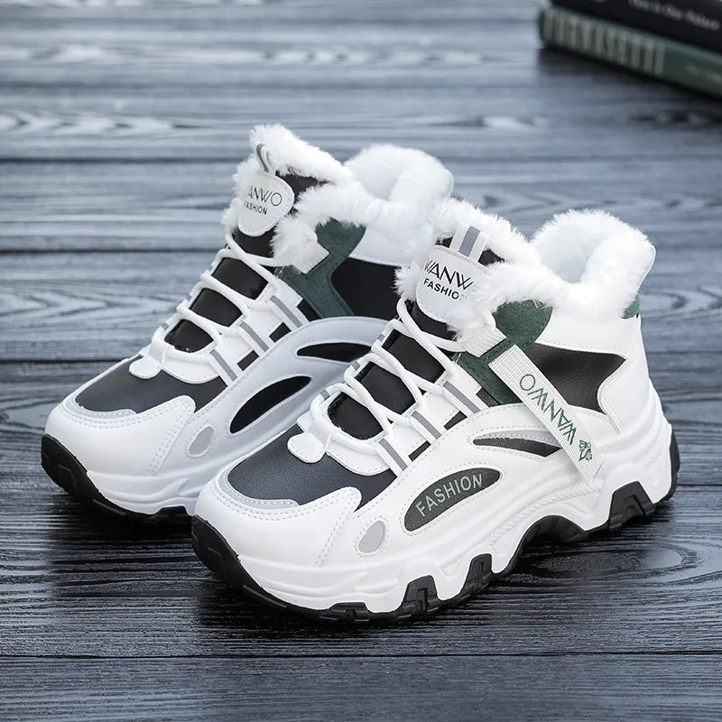 2026 Women Casual Sneakers Color-block Thick Sole Chunky Warm Plush Zpaxo