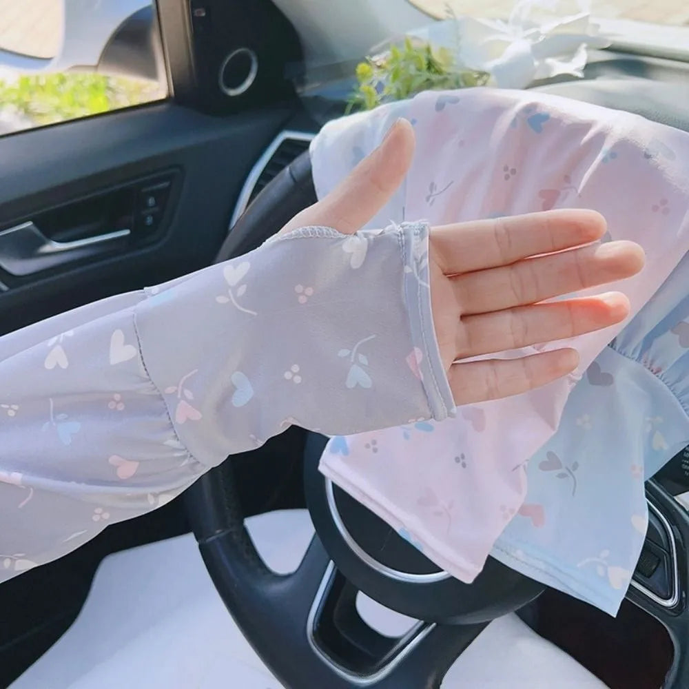 Breathable Ice Silk Sleeve Loose Fit Love Flower Print Sun Protection Sleeves Cooling Material UV Protection Sleeves Cycling Zpaxo