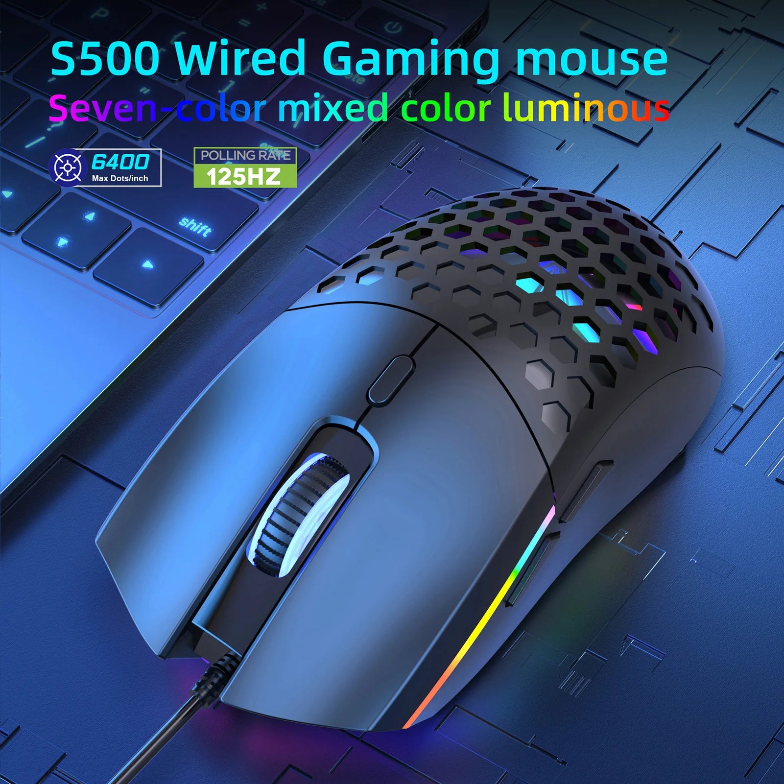 Wired Mouse Hollow Design Gaming Mouse with 6400DPI Colorful Backlit Ergonomic for Gaming and Working Zpaxo