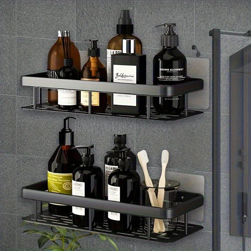 2pcs Black Wall Mounted Storage Shelf – Heavy Duty Plastic No Drill Organizer Rack with 2 Hooks, Corner Shelf for Bathroom Zpaxo
