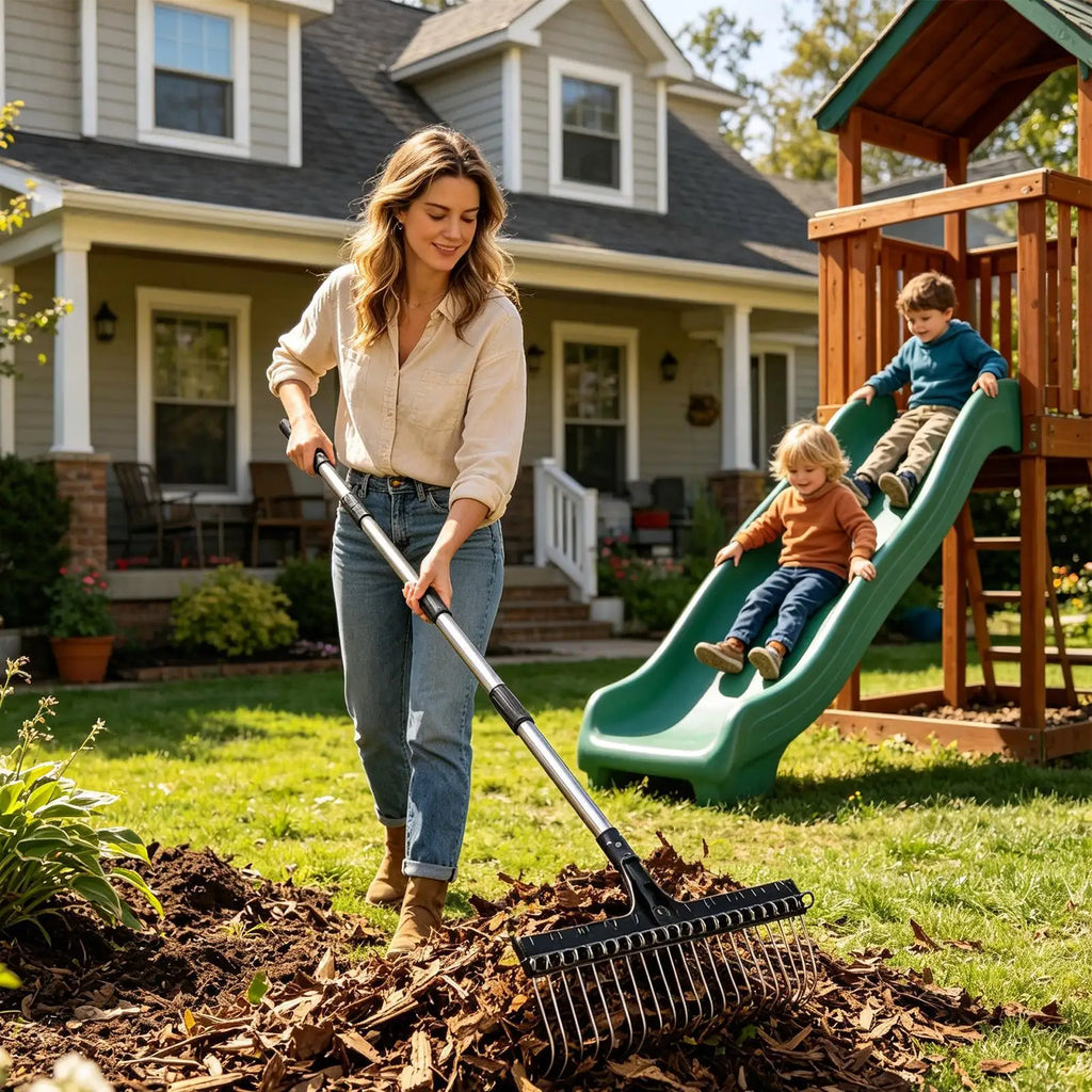 Lawn Rake 38.58-63 in Expandable Adjustable Ergonomic Multi-Purpose Metal Rake for Grass Leaves Gardening Lawn Shrub Mulch Zpaxo