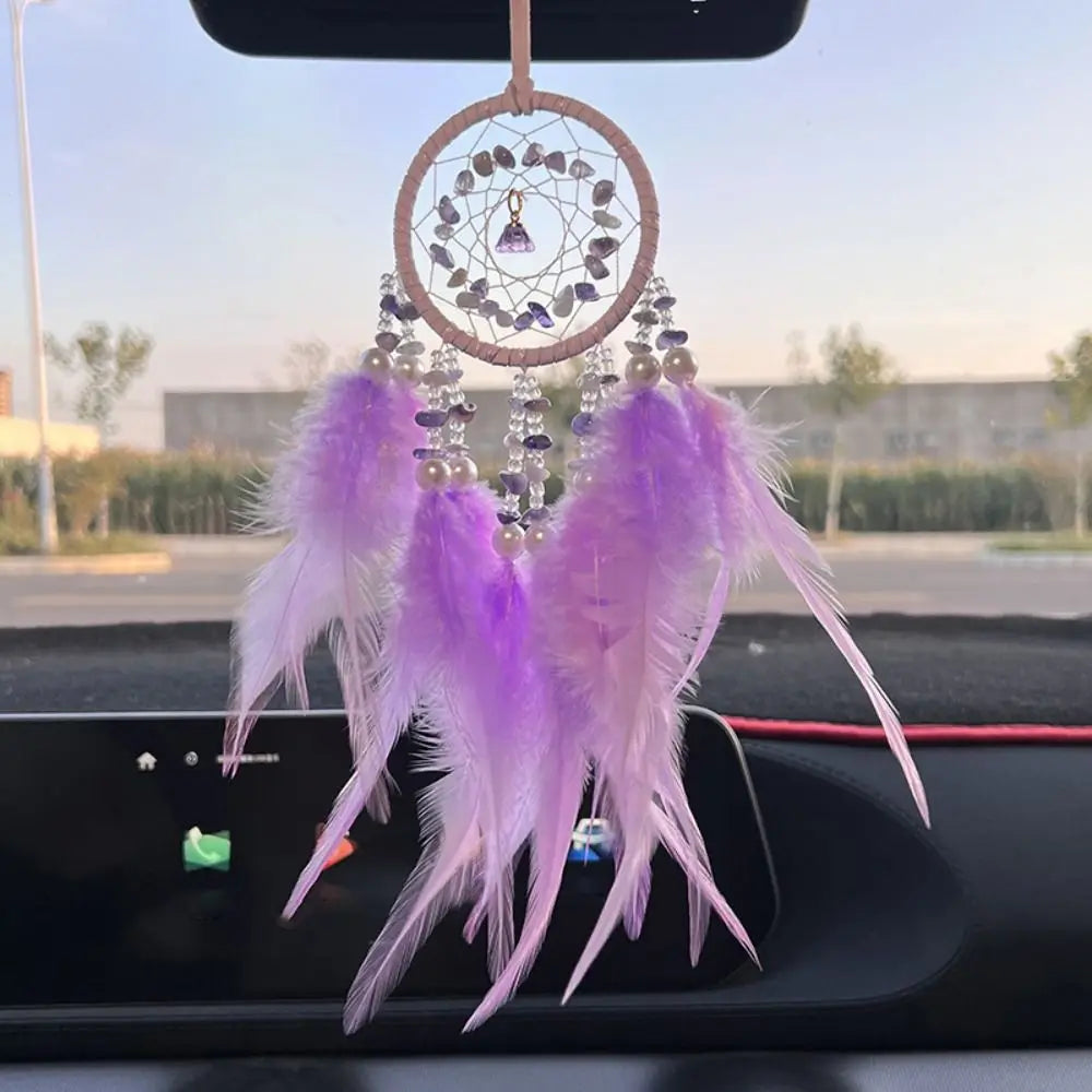 Hand Knitting Dream Catching Wind Chimes Decoration Car Pendant Tassel Catching Pendant Delicate Feathers and Iron Ring Zpaxo purple