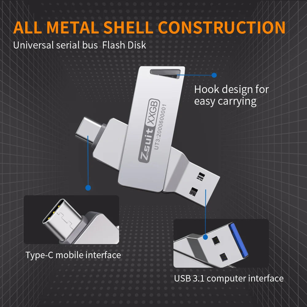 Zsuit USB Flash Drives Rotate USB-C Pendrive 64GB 128GB USB3.0 Type-C Pen Drives 2in 1 U Disk for iPhone Laptops Memory Stick Zpaxo