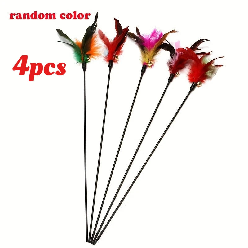 Cat Interactive Wand Colorful Feather Chicken Stick Bell Portable