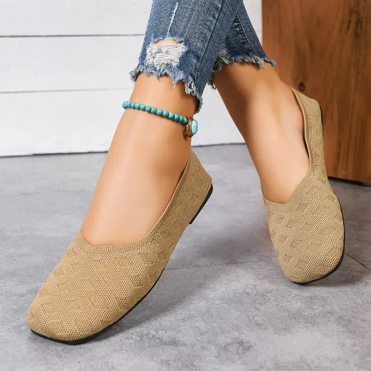 2026 Spring Autumn Square Toe Flat Office Boat Solid Knitted Slip