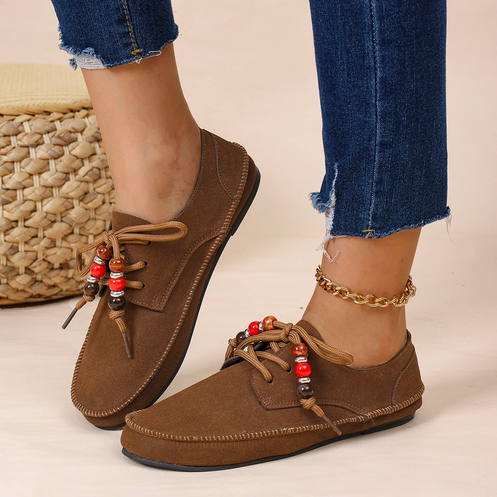2025 Women Loafers Round Toe Lace-up String Bead Shoes Leisure Spring Autumn Sneakers Woman Retro Style Plus Size Shoes Women Zpaxo