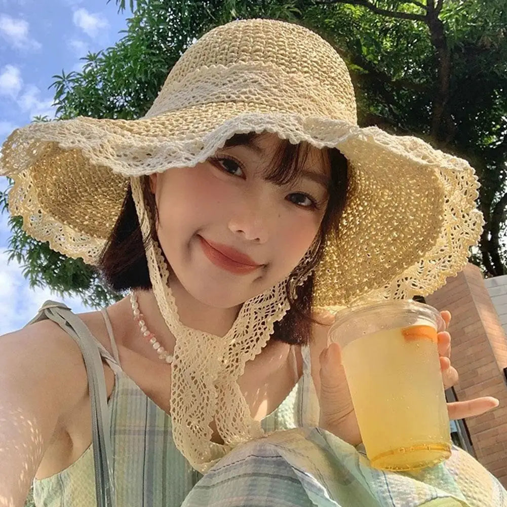 Women's Wide Brim Straw Sun Hat – Lace Beach UV Protection Women's Sun Hat Zpaxo
