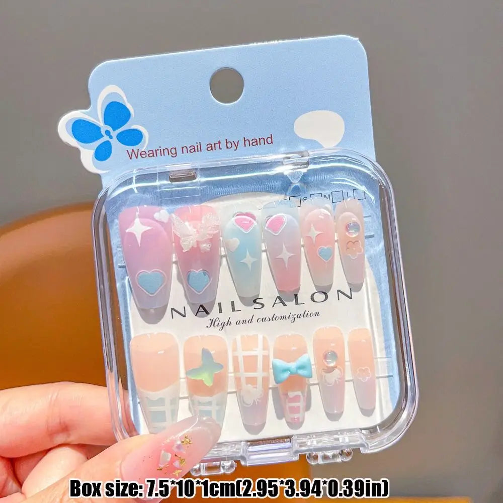 Hot Cartoon Children Wearing Nails Cherry Love Heart Cute Press on Nail Detachable Long Nail Sticker for Girls Students Zpaxo