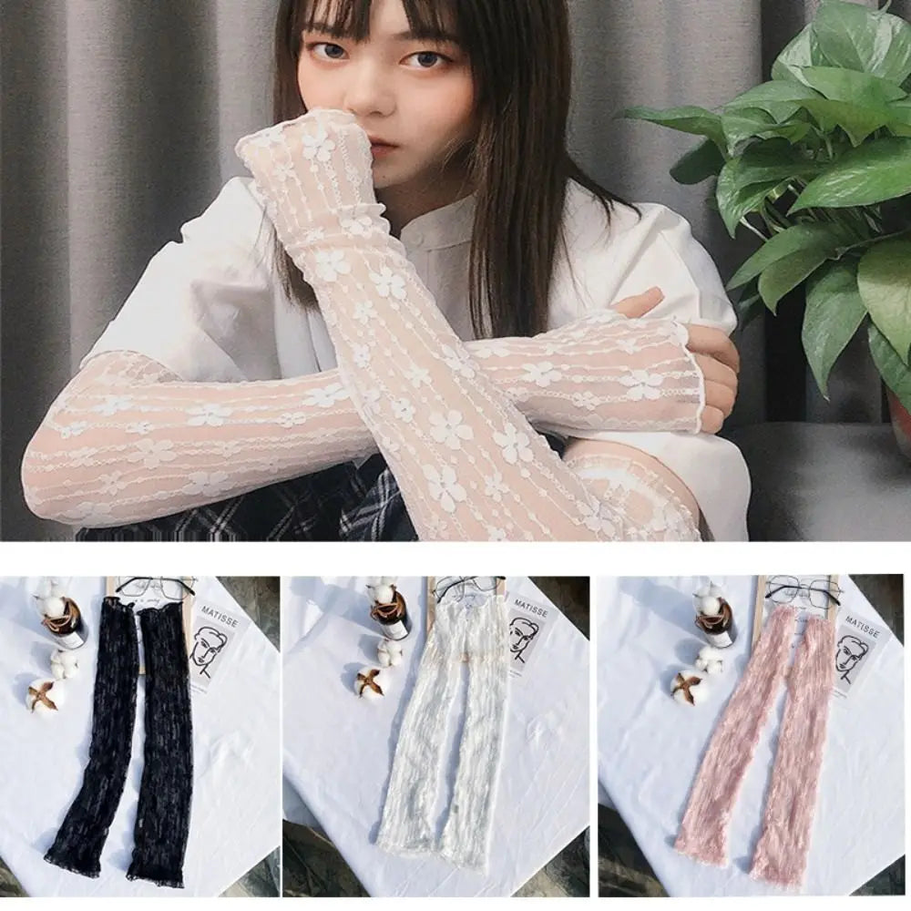 Women Fingerless Ultra Thin Lace Mesh Sunscreen Sleeves Arm Cover Arm Sleeves Driving Gloves Zpaxo