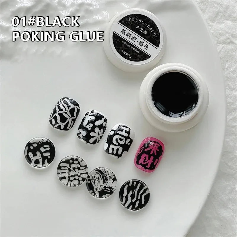 Lace Hole Black White Nail Poke Art Glue Bubble Ocean Wave Pattern Zpaxo Black-1pc