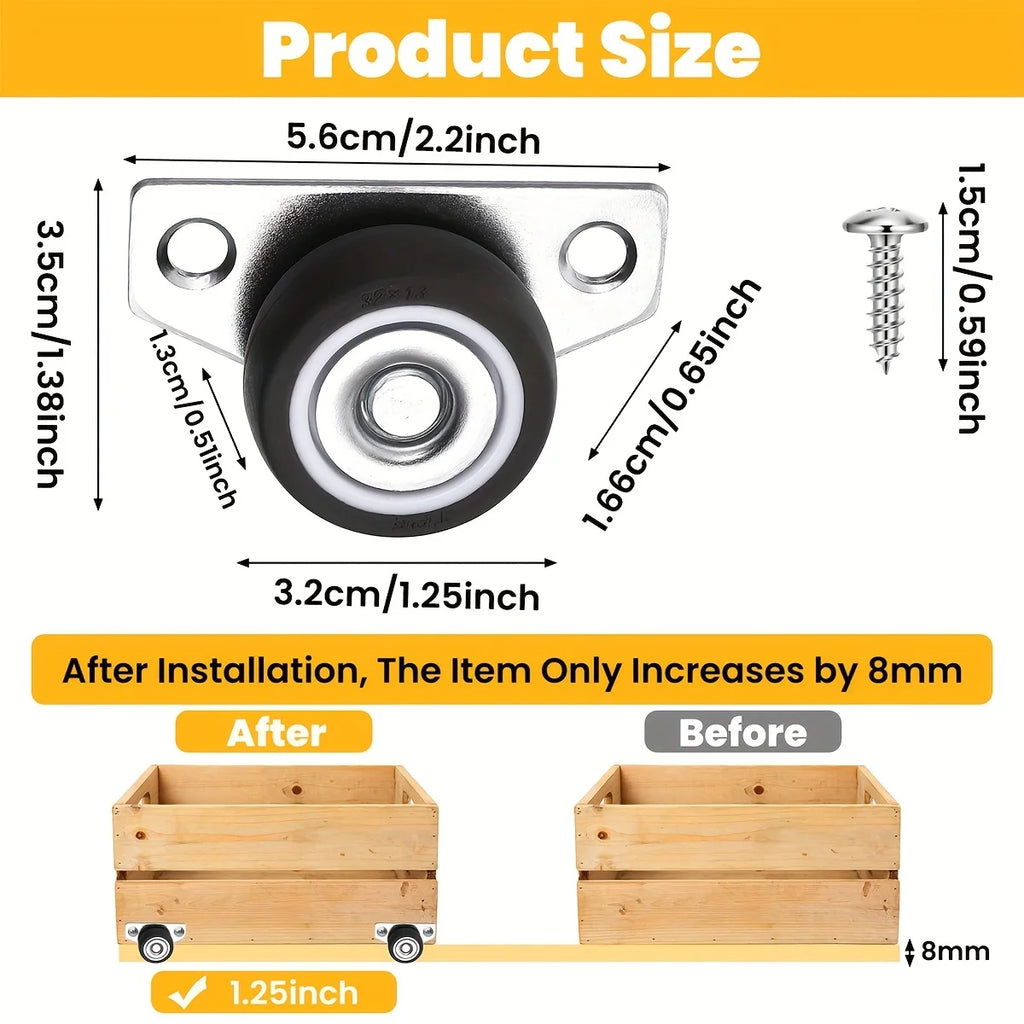 1.25" Side Mount Fixed Furniture Casters – 2/4 Pack Small Wheels