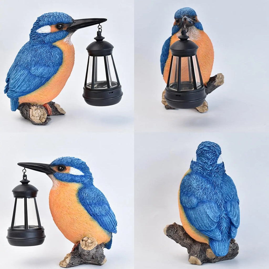 Bird Statues Outside Resin Blue Kingfisher Sculpture Solar Lantern