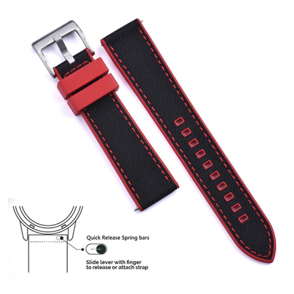 High Quality FKM Canvas Watch Strap 20mm 22mm Hybrid Fluoro Rubber Nylon Watchbands Quick Release For Each Brand Diving Watches Zpaxo Red-Black 1 20mm