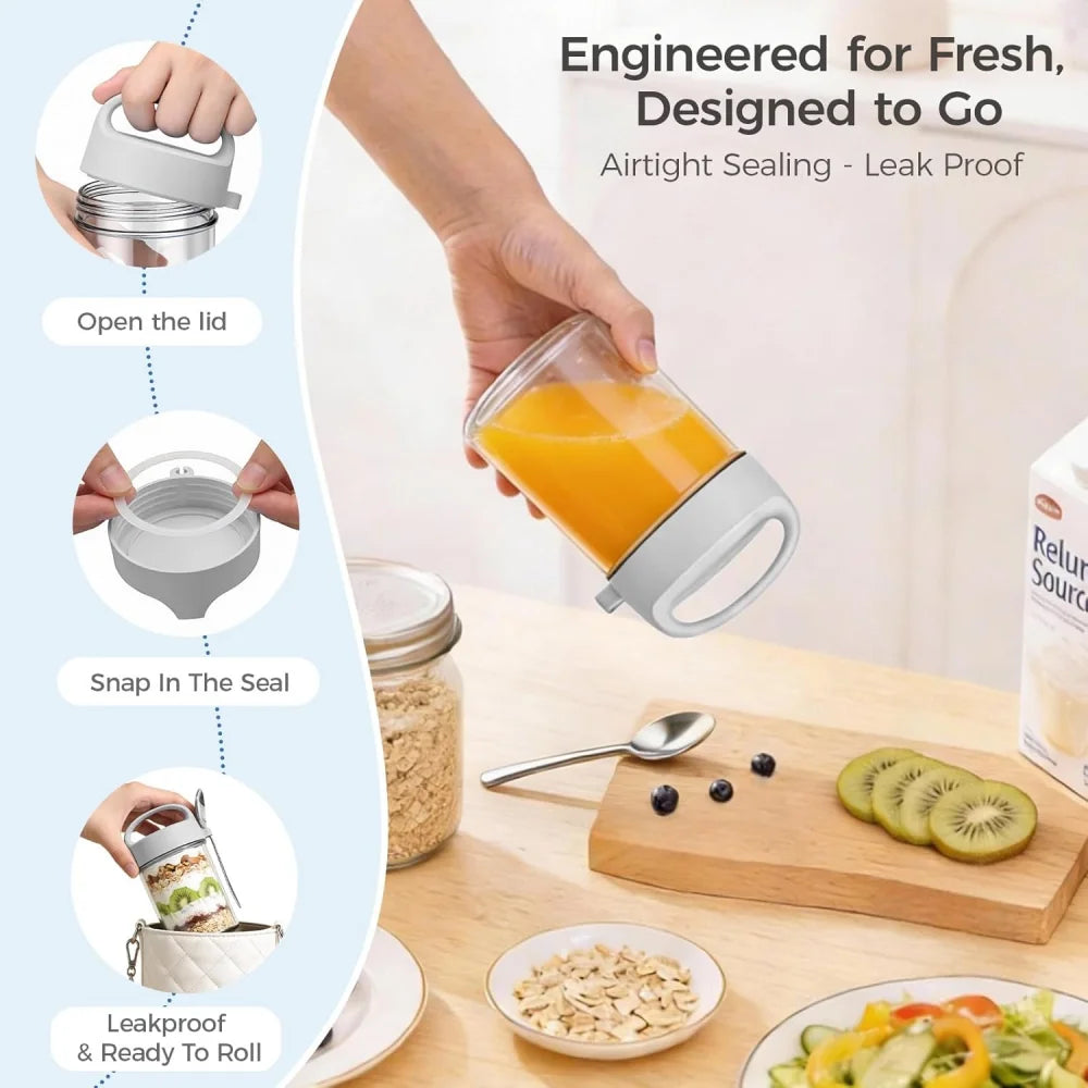 16-Ounce Portable Glass Breakfast Mason Jar, Plastic Overnight Oat Jar with Lid and Spoon, Reusable Zpaxo