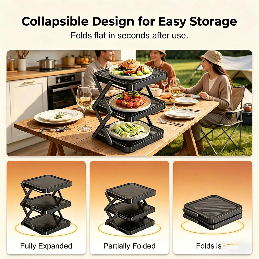 Multi Layer Prep Tray Rack 3 Tier Foldable Space Saving Kitchen