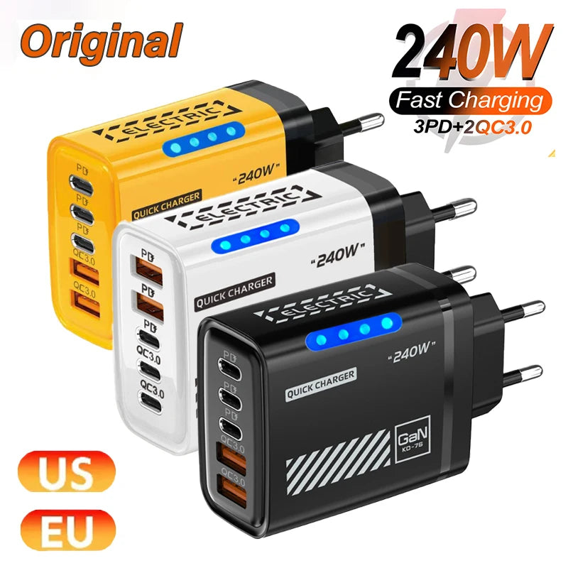 240W 5 Ports Type-c USB Fast Charger EU US Plug QC3 0 Wall LED Light