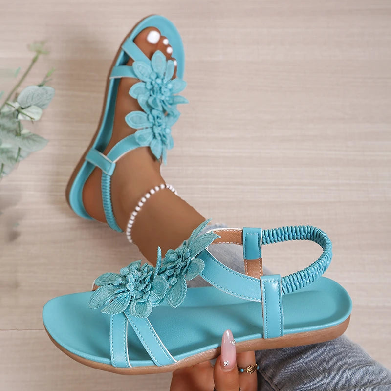 Elegant Women Sandals Clip Toe Floral Decorative Flat Shoes Casual Comfortable Lightweight Sandals Summer Retro Shoes Women Zpaxo Blue 36
