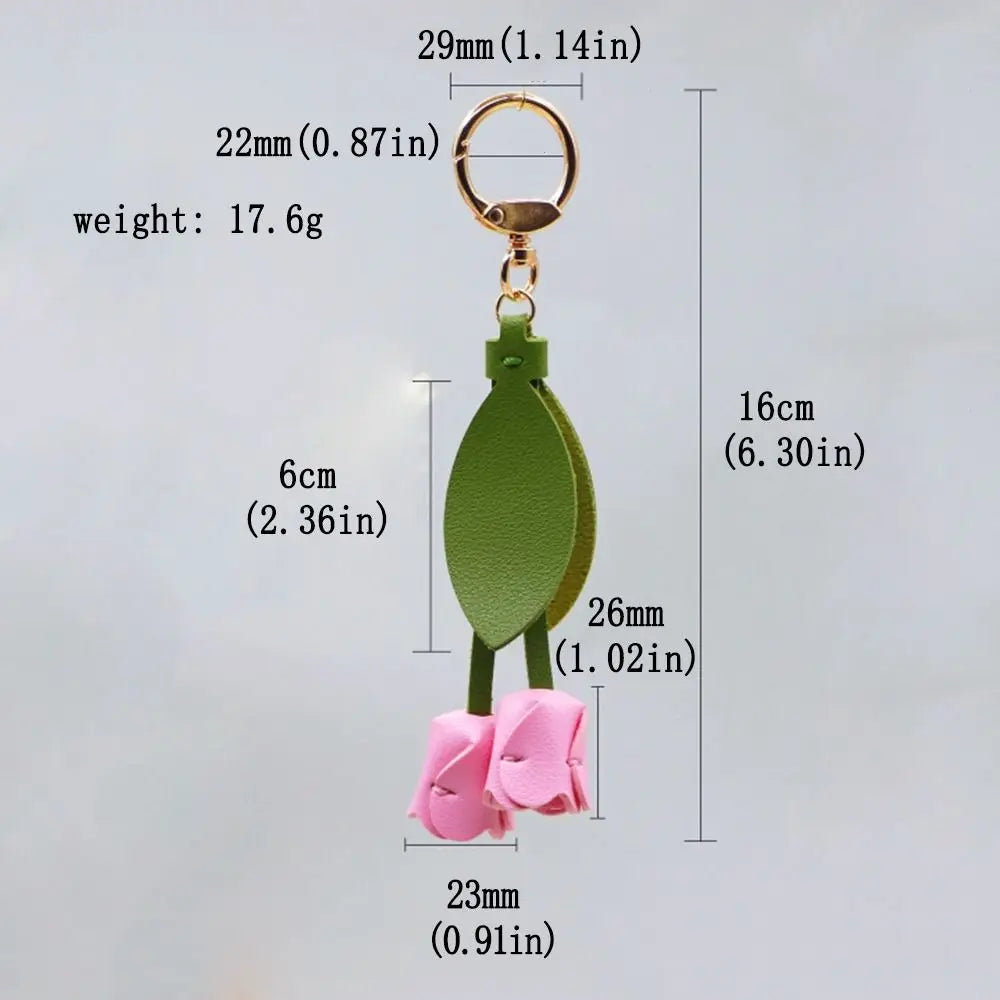Cute Sweet Tulip Bag Pendant Dopamine Korean Style Car Key Chains PU Leather Bag Charms Floral Lanyard Lady Zpaxo