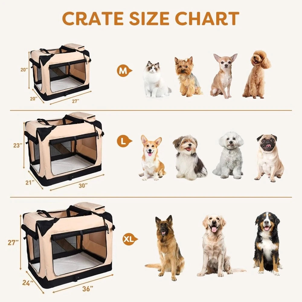 Foldable 3-Door Soft Dog Crate | Travel Pet Carrier with Mat