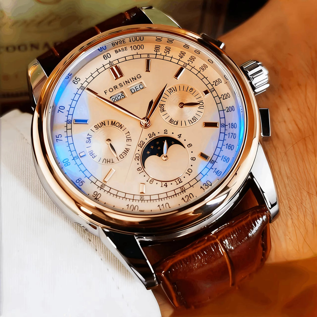 Forsining Retro Mechancial Watches Moon Phase Shanghai Movement Rose Gold Case Brown Leather Strap Luxury Automatic Mens Watch Zpaxo