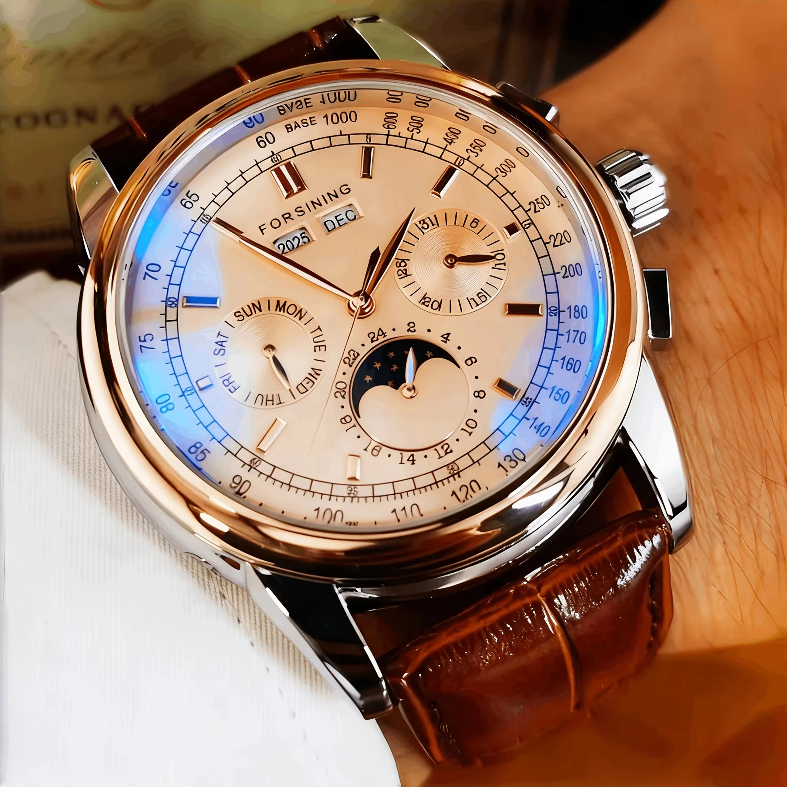 Forsining Retro Mechancial Watches Moon Phase Shanghai Movement Rose Gold Case Brown Leather Strap Luxury Automatic Mens Watch Zpaxo