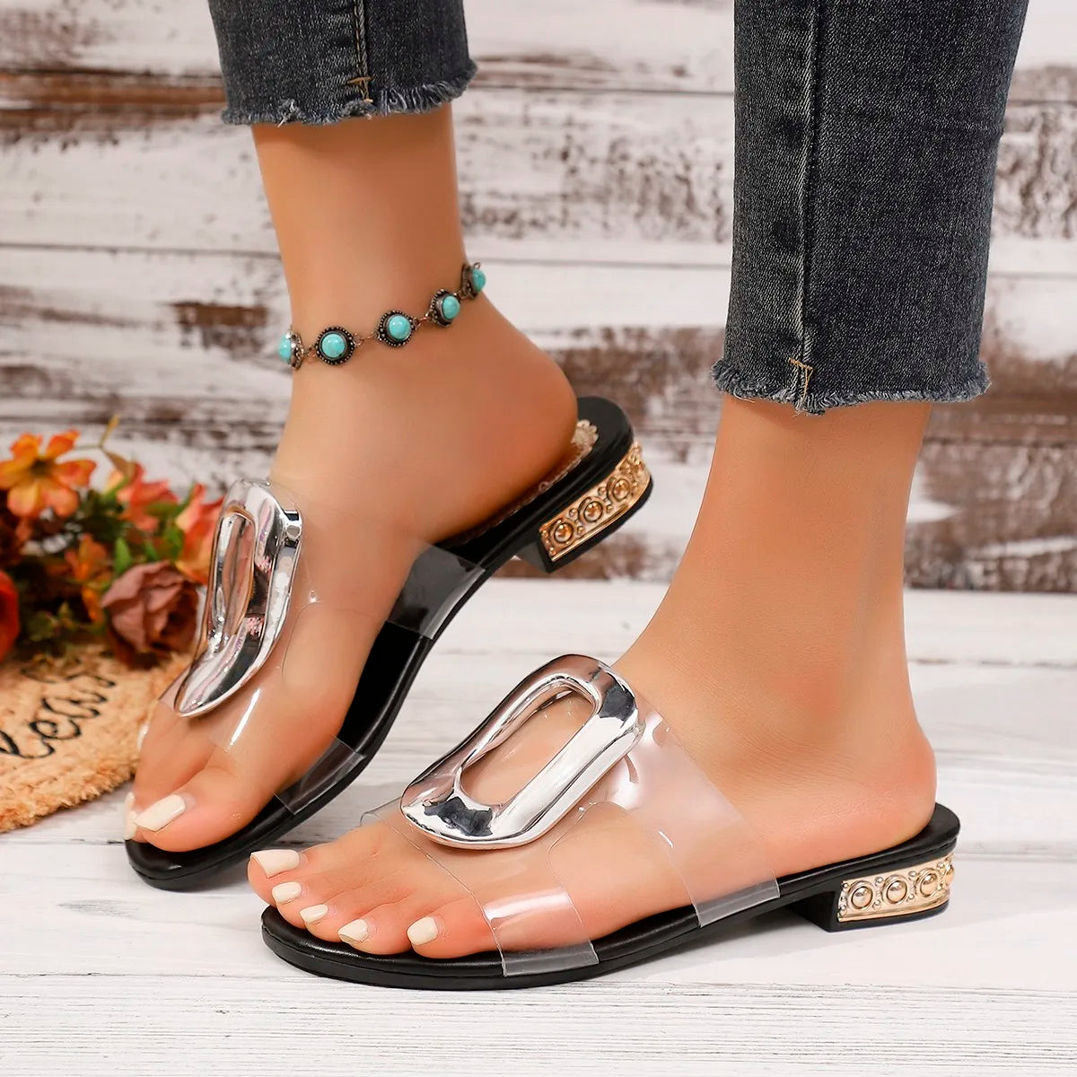 Women Slippers Casual Outdoor Thick Heel Metal Buckle Sandals Zpaxo black 36