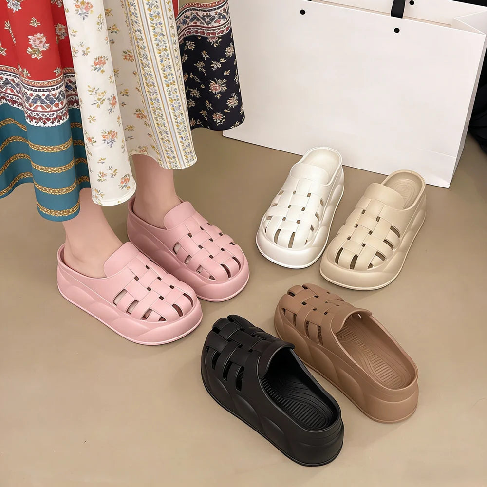 SHAJI Women Cloud Woven Sandals Closed Toe Hollow Thick Sole Slides