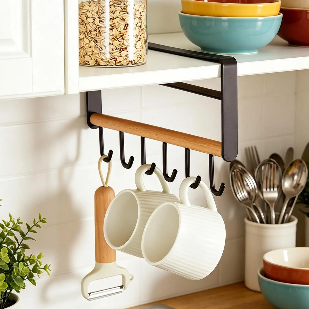 Mug Holder Under Cabinet Shelf 6 Hooks Storage Rack Ladles Organizer