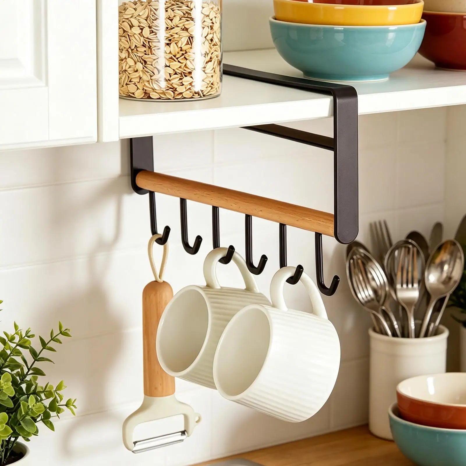 Mug Holder Under Cabinet Shelf 6 Hooks Storage Rack Ladles Organizer