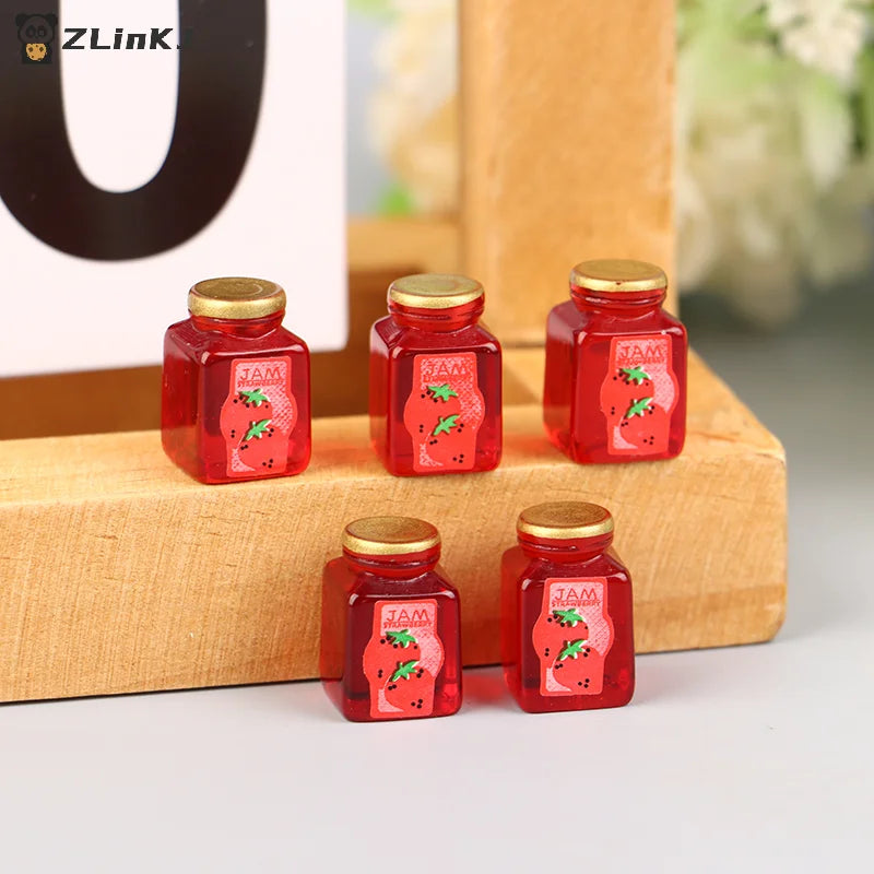 ▶5Pcs 1/12 Dollhouse Strawberry Sauce Jam Jar Dollhouse Miniature Kitchen Food Accessories Dolls House Decorations Toys Zpaxo