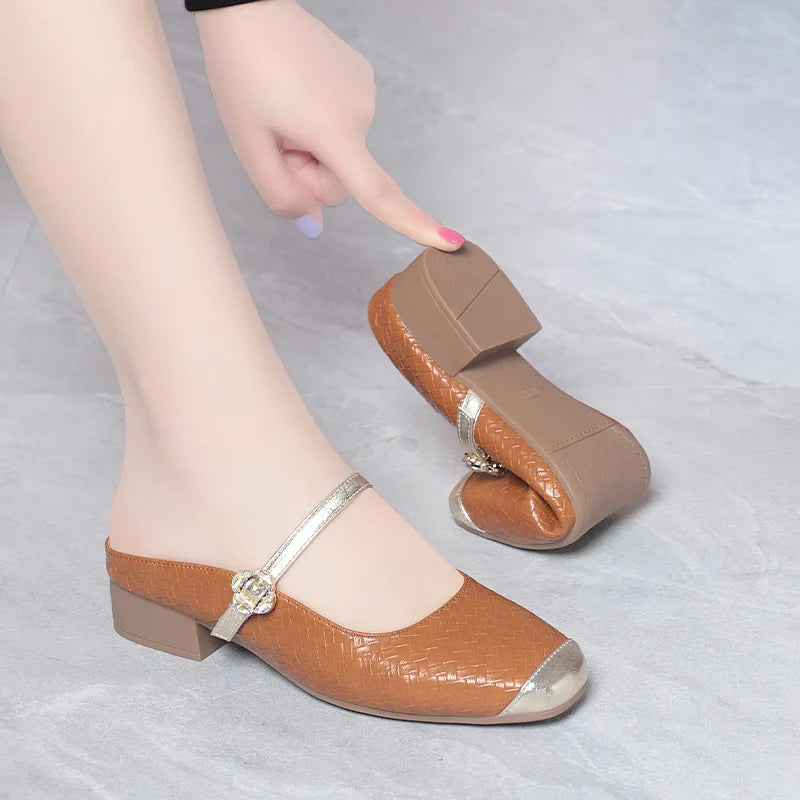White Woven Mary Jane Mules Silver Toe Cap Rhinestone Buckle Square Zpaxo