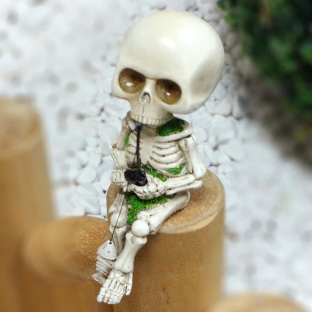 Resin Cute Skull Fisher Sculpture Halloween Decor Mini Figurines