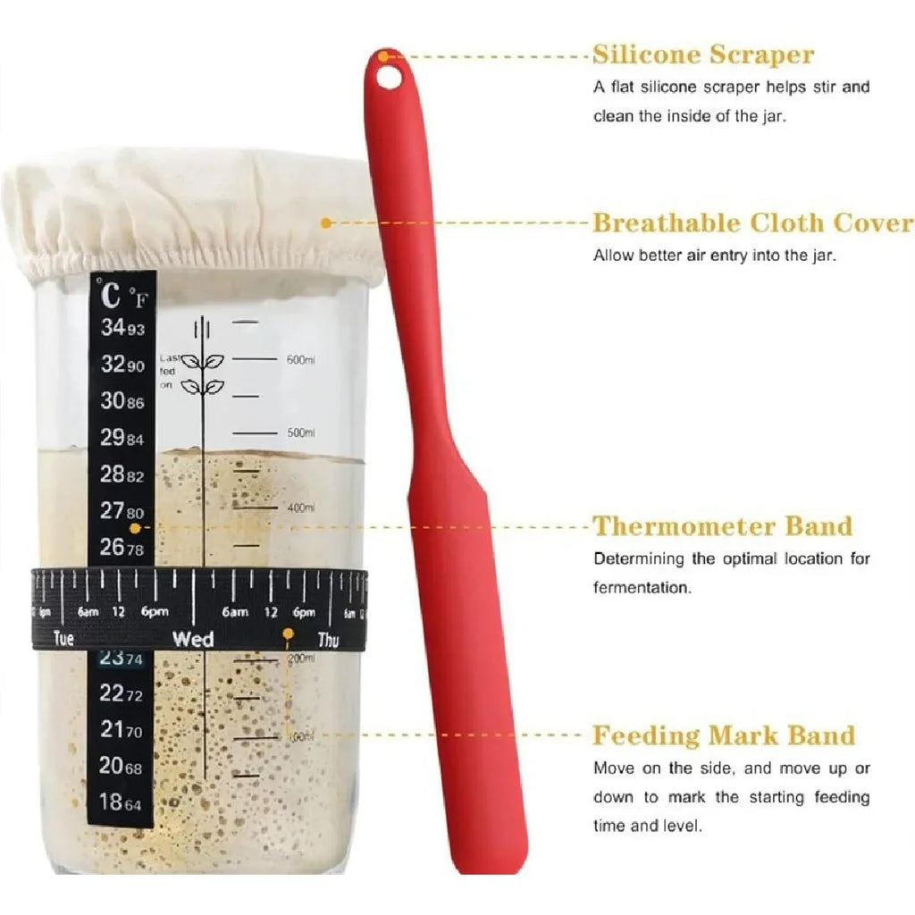 1pc Sour Dough Starter Container Sourdough Starter 24 Oz Jar with Date Marked Feeding Band Thermometer Silicone Scraper Zpaxo