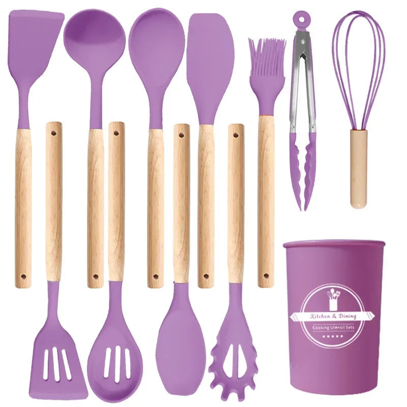 12Pcs/5pcs Silicone Kitchenware Non-Stick Cookware Kitchen Utensils Set Spatula Shovel Egg Beater Wooden Handle Cooking Tool Set Zpaxo Purple 12Pcs