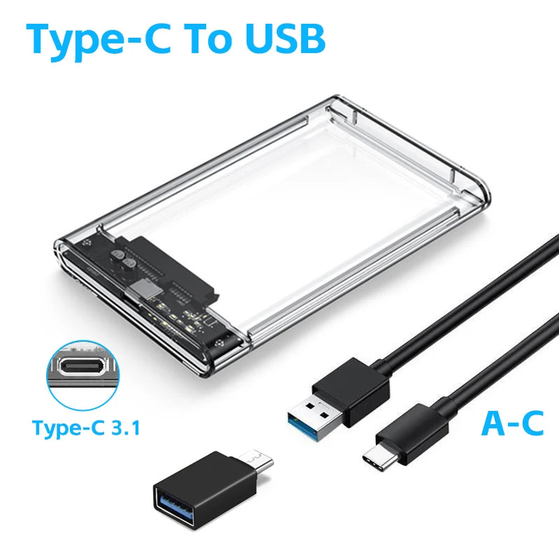 USB 3.0 Transparent HDD Enclosure 2.5" ,Type C Micro Cable External Hard Drive Disk Case 2.5 Inch SATA Box HDD SSD Computer Zpaxo USB A- C w Type C