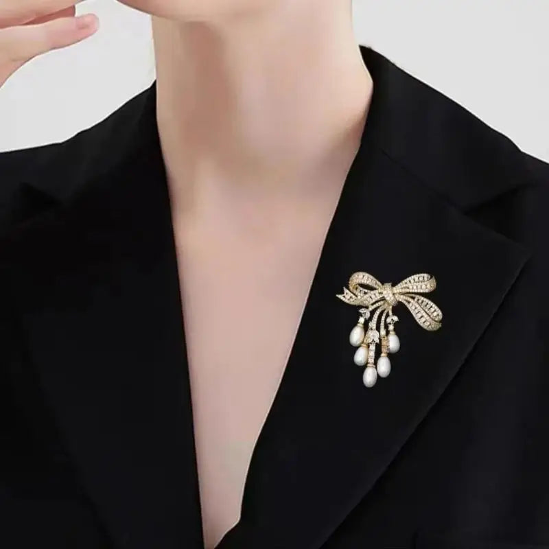 Handmade Luxury Zircon Pearl Bowknot Tassel Pin Stunning Brooch Zpaxo