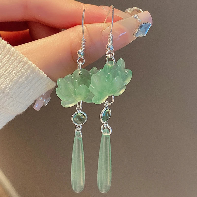 Chic Chinese Inspired Lotus Pendant Tassel Earrings Women Zpaxo