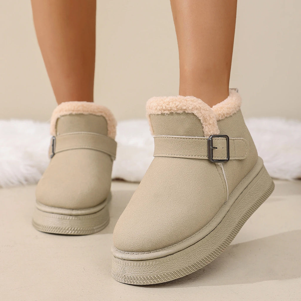 Flat Snow Boots Winter New Round Toe Deep Mouth Suede Metal Buckle Wool Protective and Non-slip Platform Warm Cotton Boots Zpaxo