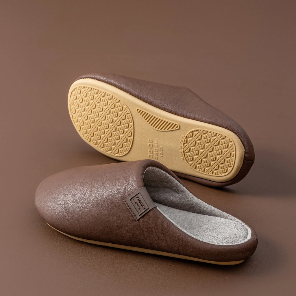 Men's Winter Slippers Fleece Lined House Shoes Waterproof PU Leather